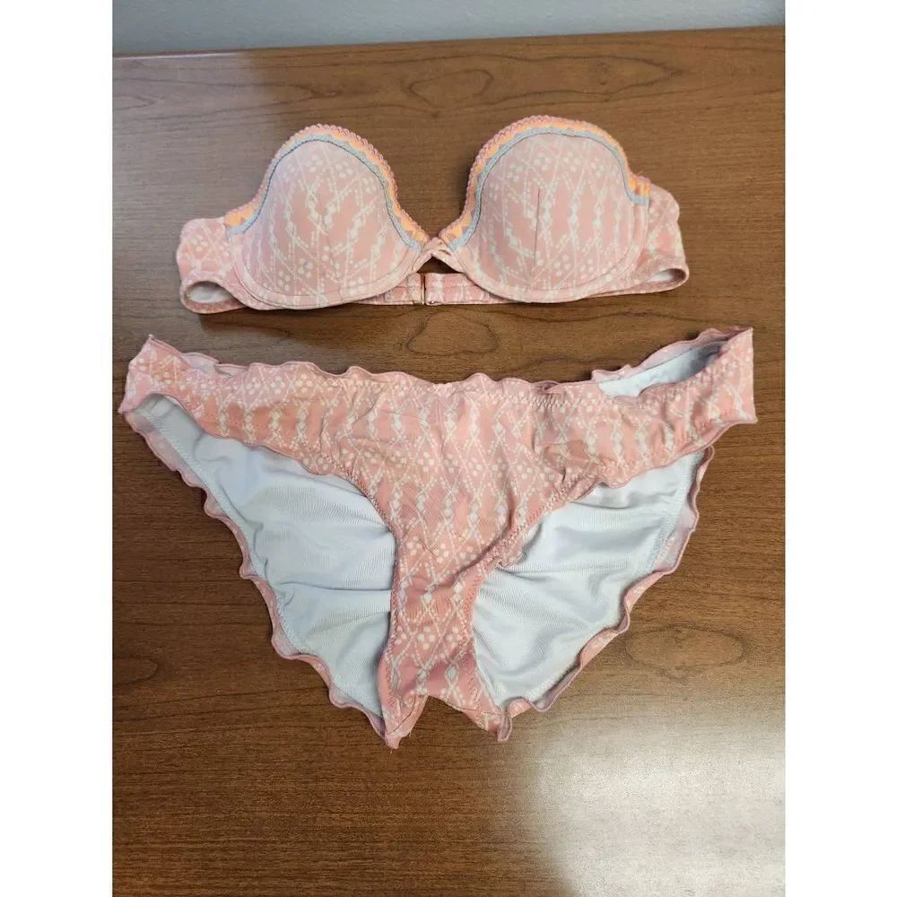 Victoria Secret pink with white geometric pattern bikini. Top 34B, cheeky bottom